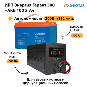 ИБП Энергия Гарант 500 + Аккумулятор S 100 Ач - 12В (300Вт - 182мин) - ИБП и АКБ - ИБП для котлов - . Магазин оборудования для автономного и резервного электропитания Ekosolar.ru в Истре