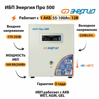 Энергия ИБП Про 500 12В - ИБП и АКБ - ИБП для котлов - . Магазин оборудования для автономного и резервного электропитания Ekosolar.ru в Истре