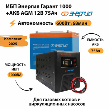 ИБП для котла Энергия Гарант 1000 + Аккумулятор 75 Ач 12 В (600Вт - 68мин) - ИБП и АКБ - ИБП для котлов - . Магазин оборудования для автономного и резервного электропитания Ekosolar.ru в Истре