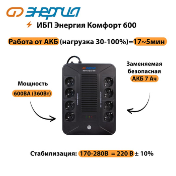 ИБП Комфорт 600 Энергия - ИБП и АКБ - ИБП для компьютера - . Магазин оборудования для автономного и резервного электропитания Ekosolar.ru в Истре