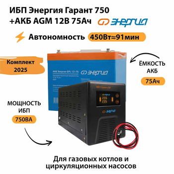 ИБП для котла Энергия Гарант 750 + Аккумулятор 75 Ач 12 В (450Вт - 91мин) - ИБП и АКБ - ИБП для котлов - . Магазин оборудования для автономного и резервного электропитания Ekosolar.ru в Истре
