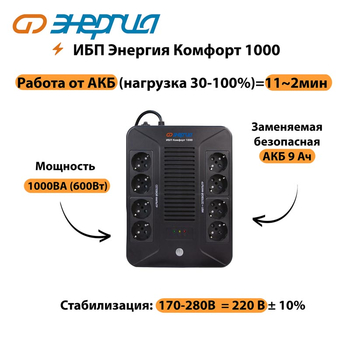 ИБП Комфорт 1000 Энергия - ИБП и АКБ - ИБП для компьютера - . Магазин оборудования для автономного и резервного электропитания Ekosolar.ru в Истре